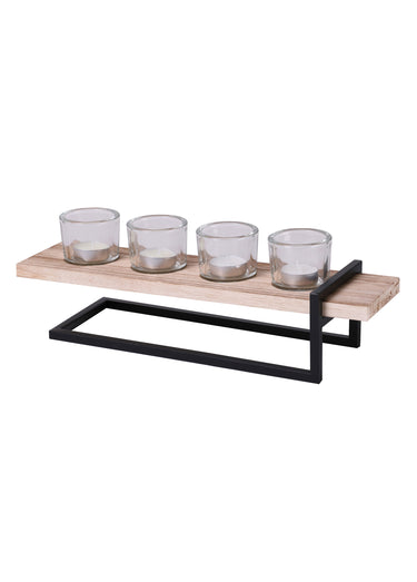 Photophore déco en métal et bois Noir/Beige