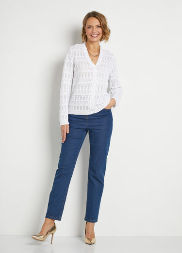 Gilet ajouré col V boutonné coton mélangé Blanc