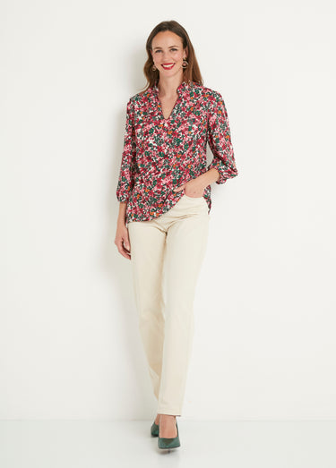 Tunique longue droite fleurie col V Rose/Vert