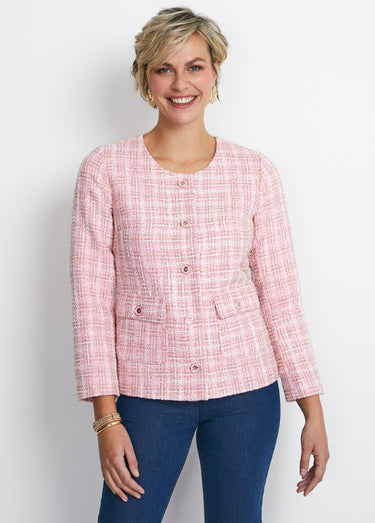Veste courte sans col tissu effet tweed Rose / doré