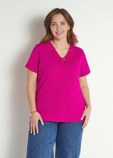 T-shirt col V ajouré brodé Fuchsia
