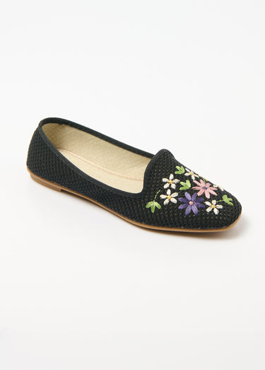 Ballerines ouvertes textile brodé talon plat Noir