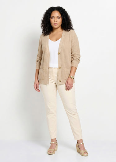 Gilet long boutonné brillant manches longues Ficelle