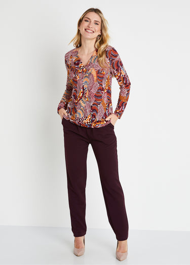 T-shirt court col croisé imprimé patchwork Bordeaux/Miel