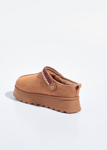 Mules compensées fourrées patte fantaisie Camel