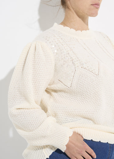 Pull col V maille fantaisie et sequins Ecru