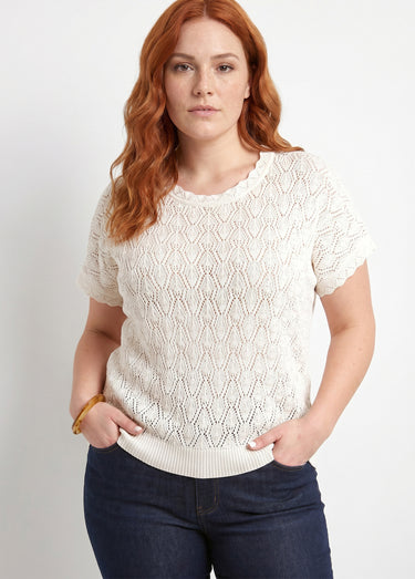 Pull coton court col rond ajouré effet crochet Ecru