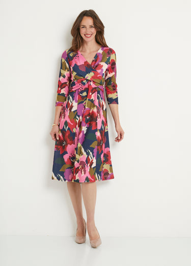 Robe cache-coeur courte imprimée manches 3/4 Marine/Rose