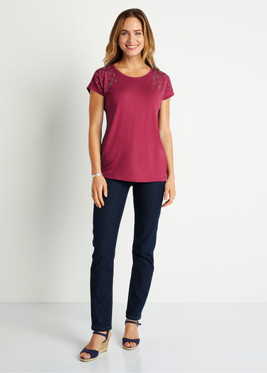 T-shirt long manches courtes uni Fuchsia