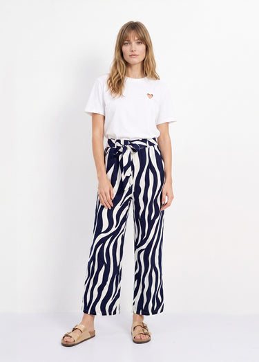 Pantalon large élastiqué, imprimé vagues Marine/Ecru