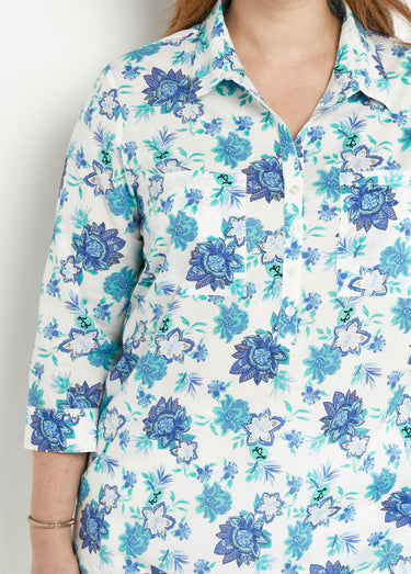 Chemisier boutonné long coton imprimé fleurs Imprime/Bleu