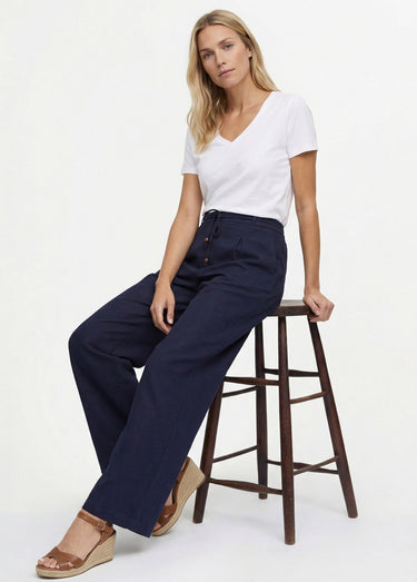 Pantalon large avec lin, style ethnique Marine