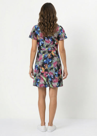 Robe évasée imprimé feuilles courte Imp Noir