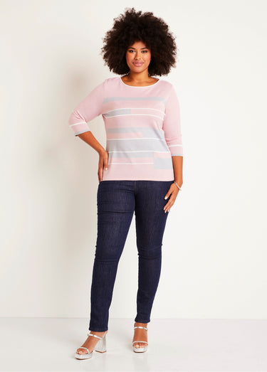 Pull manches 3/4 col bateau jacquard rayé devant Rose/Gris