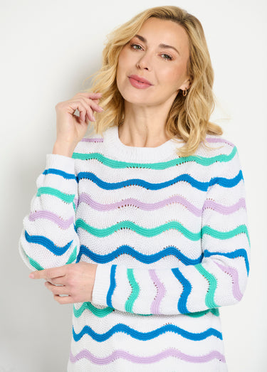 Pull doux col rond reliefé rayé point mousse Fond Ecru