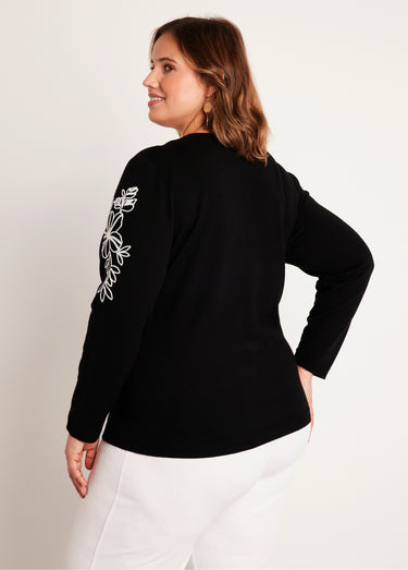 Pull fin brodé Noir / Blanc