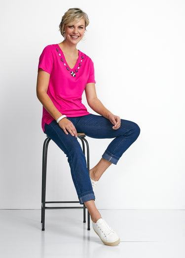 Tee-shirt long col V bijou Fuchsia