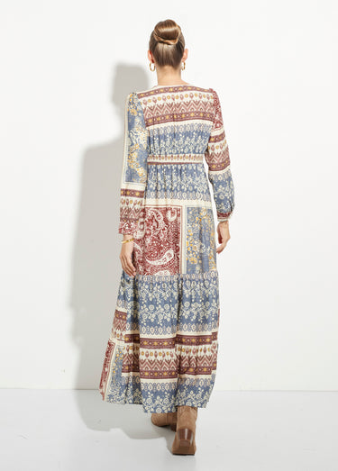 Robe longue à étages, motif patchwork Bleu / Beige