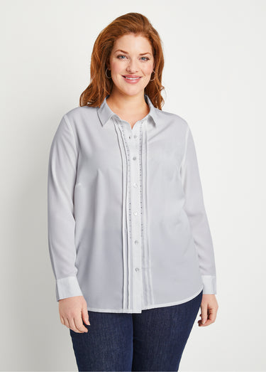 Chemisier uni boutonné long strass col chemise Argent