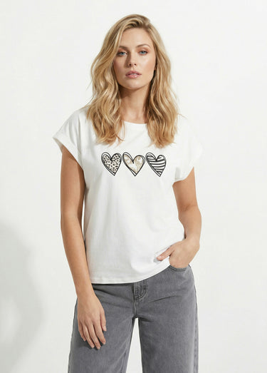 T-shirt coton avec 3 coeurs fantaisie Blanc