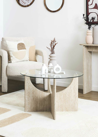 Table basse en verre et effet pierre Blanc/Beige