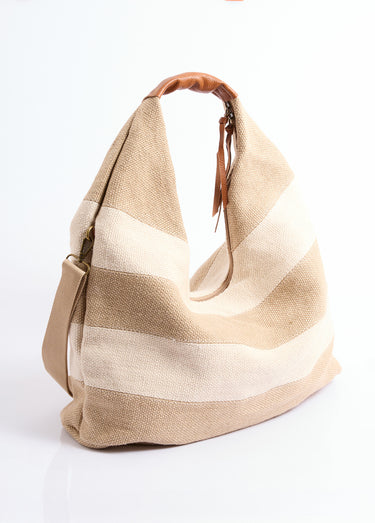 Grand sac cabas rayé jute + détails cuir Beige