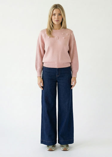 Pull doux brodé col rond Rose