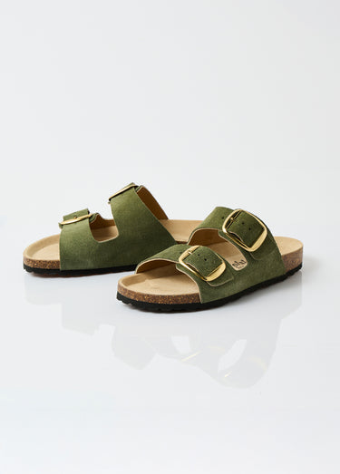 Mules ergonomiques compensées cuir à boucles Kaki