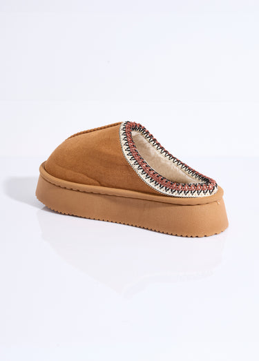 Mules suédine compensées, galon brodé Camel