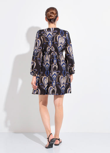 Robe courte col V imprimé cachemire Marine