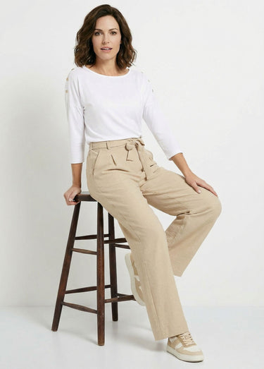 Pantalon large fluide semi élastiqué Beige Chine