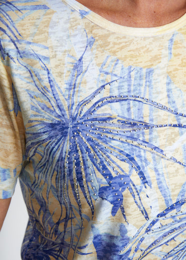 T-shirt court motif et strass col rond Jaune/Bleu
