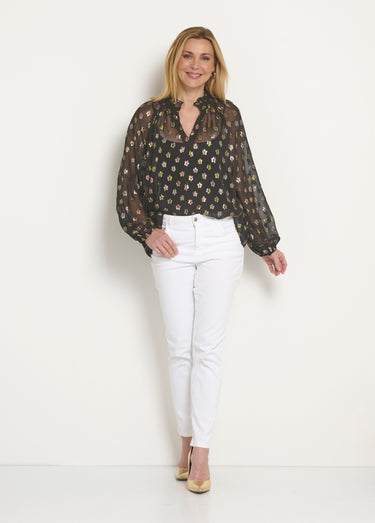 Blouse voile motifs métallisés encolure V Noir