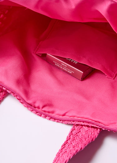 Grand sac en paille avec pompon perles Fuchsia