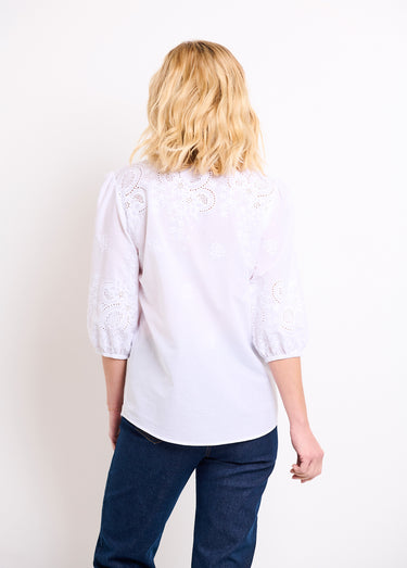 Chemisier long coton brodé manches 3/4 Blanc
