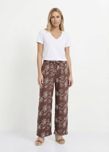 Pantalon large avec sérigraphies fleurs Chocolat