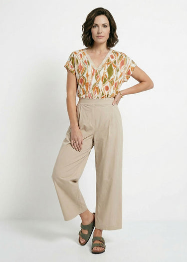 Pantalon droit à pinces ceinture élastiquée Beige