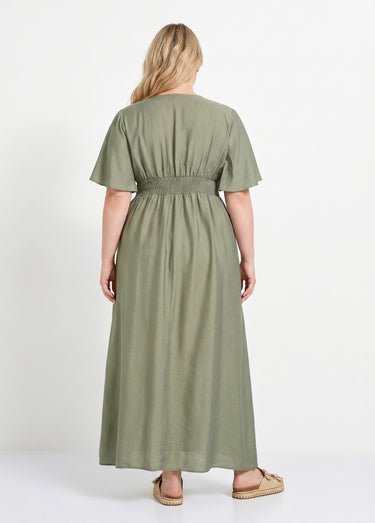 Robe longue taille empire, décolleté V Kaki