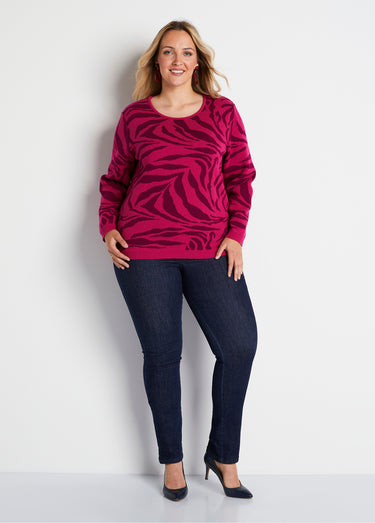 Pull doux jacquard zèbre col rond Fuchsia/Cassis