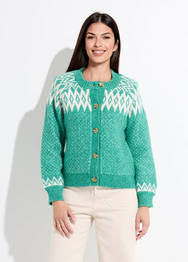 Gilet chaud boutonné jacquard graphique Vert / Écru