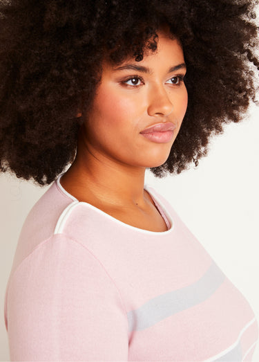 Pull manches 3/4 col bateau jacquard rayé devant Rose/Gris