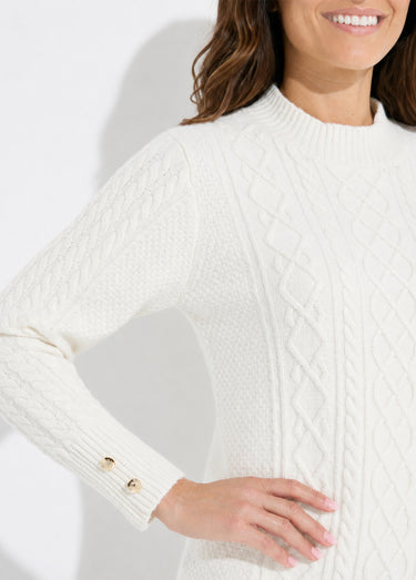 Robe-pull courte tricot uni col rond Ecru