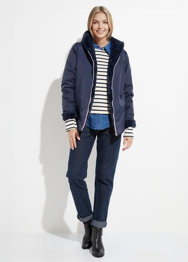 Blouson déperlant / fourrure, réversible Marine