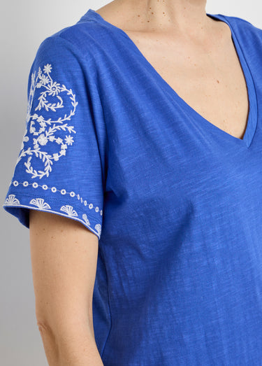 T-shirt col V brodé manches courtes Bleu / Blanc