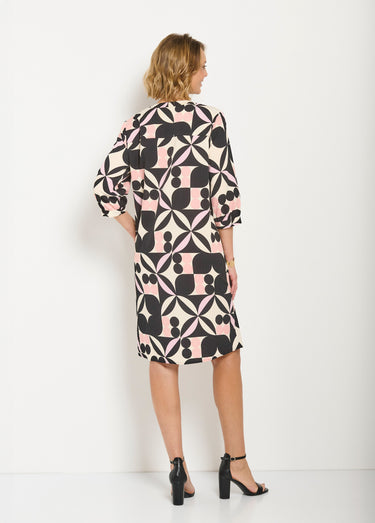 Robe droite courte manches 3/4 motif graphique Noir/Rose