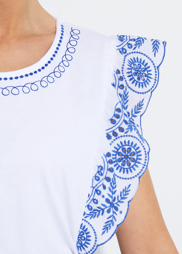 T-shirt brodé jersey et voile coton Blanc / Azur