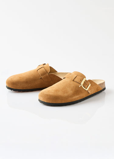 Mules sabots croûte de cuir boucle réglable Camel