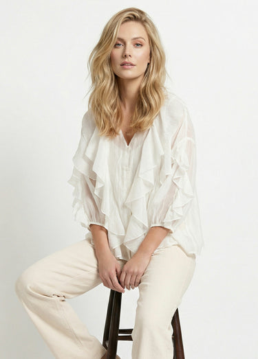 Blouse col V boutonnée à volants Blanc