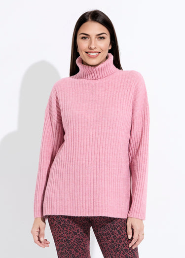 Pull col roulé manches longues descendues Uni rose