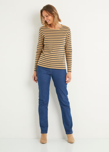 T-shirt marinière court coton manches longues Camel/Marine